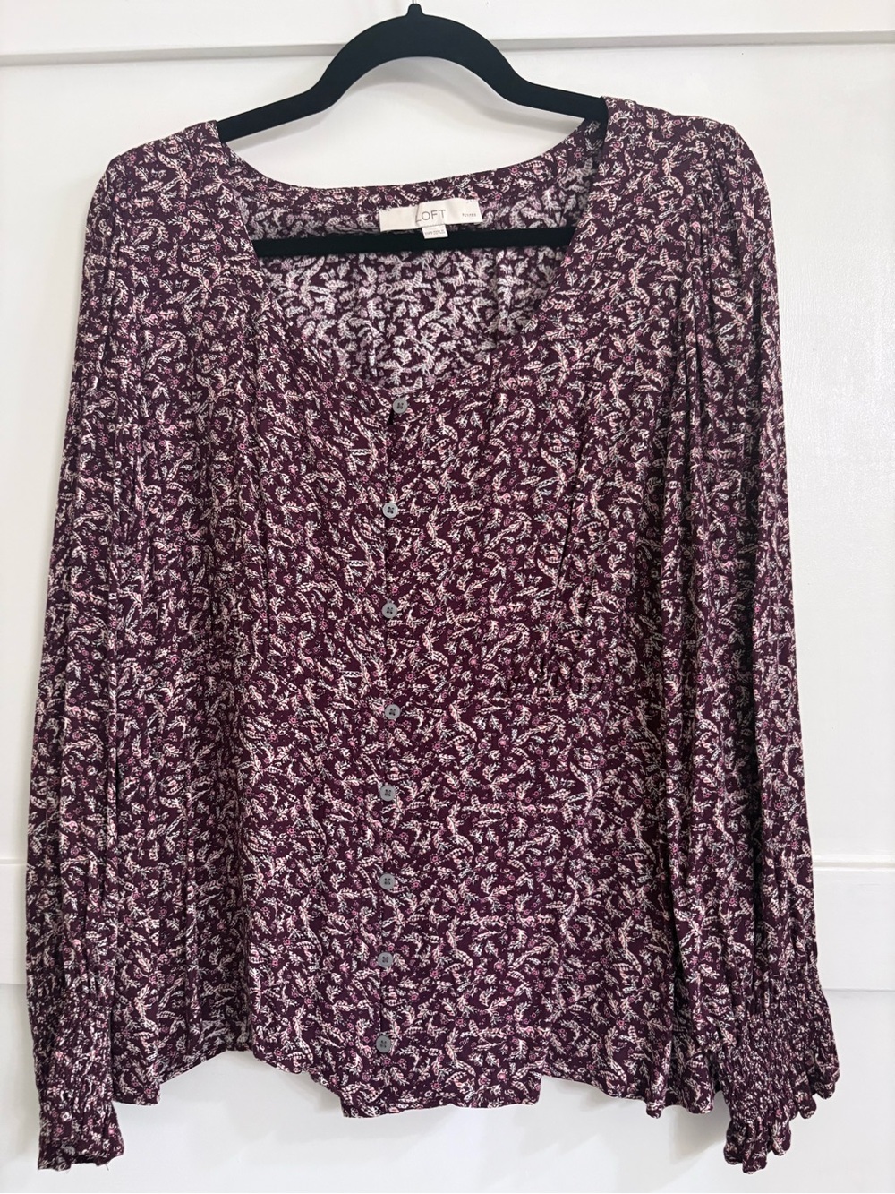 LOFT Plum and Cream Paisley Button-Down Top